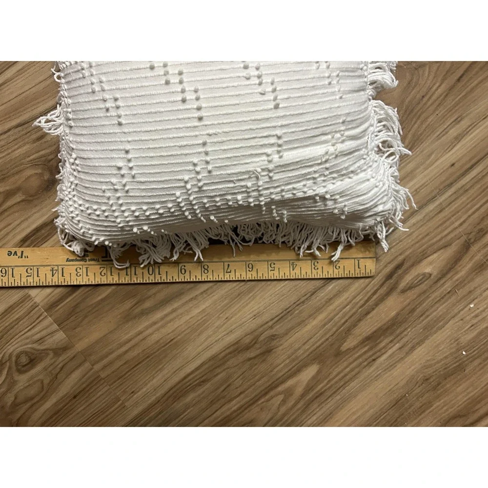 DKNY Throw Pillow White Cotton Textured Lumbar Decorative Fringe Trim 12x22
